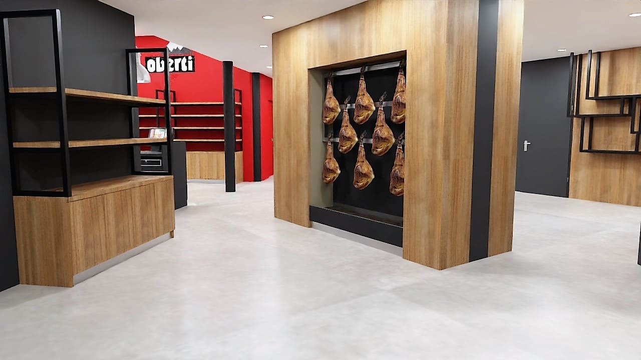 Maquette 3D de l'intérieur de la boutique Oberti à Lacaune agencé par SAFRA Agencement